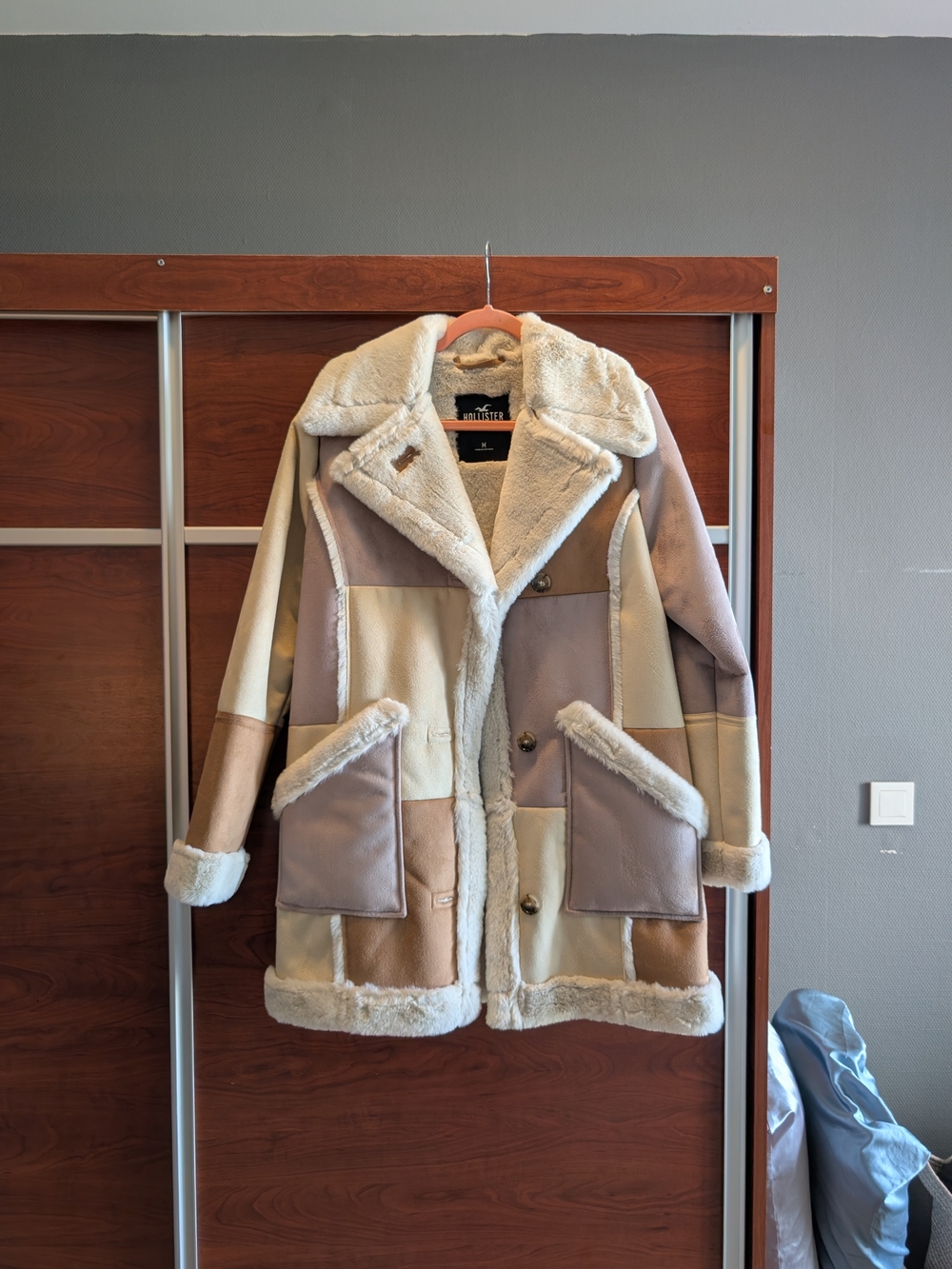 Patchwork Faux Shearling Coat - Neutral Color Block